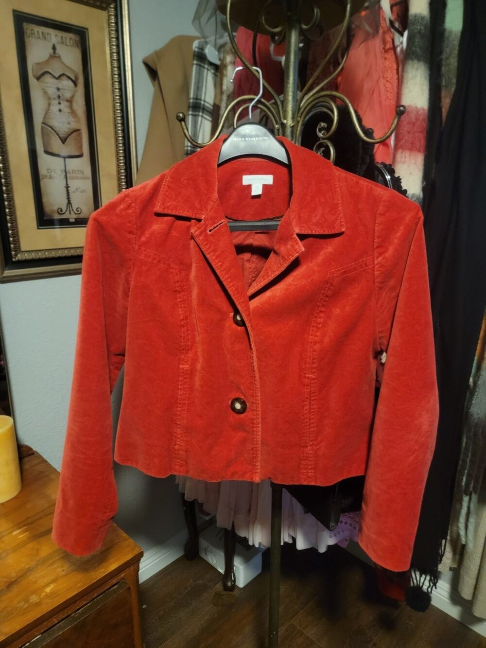 Charter Club Womens Size M Red Paisley Embossed Corduroy Cropped Blazer Jacket